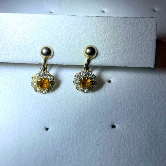 Vintage Coro Dangle Screw Back Earring Citirine /  Clear Rhinestone - Picture 1 of 5